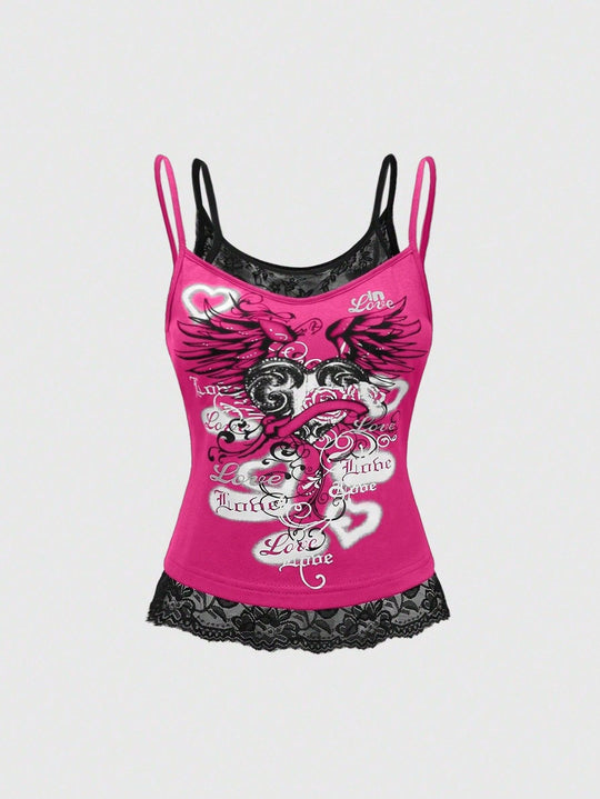 Damen Spitze Cami Top mit Grafischem Print R&B