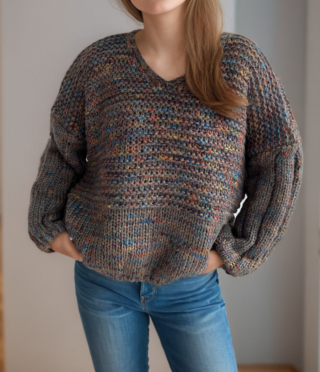 Damen grob gestrickter Pullover mit voluminösen Ärmeln R&B