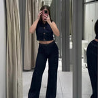 Damen weit geschnittene Jeanshose mit Bindegürtel und eleganter Silhouette R&B