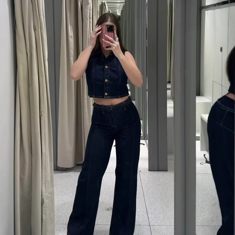 Damen weit geschnittene Jeanshose mit Bindegürtel und eleganter Silhouette R&B