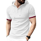 Herren nan figurbetontes Kurzarm-Kapuzenpoloshirt mit Henley-Blende und Kordelzug R&B