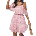 Damen Spazierkleid mit schulterfreier Optik und Rüschendetails R&B