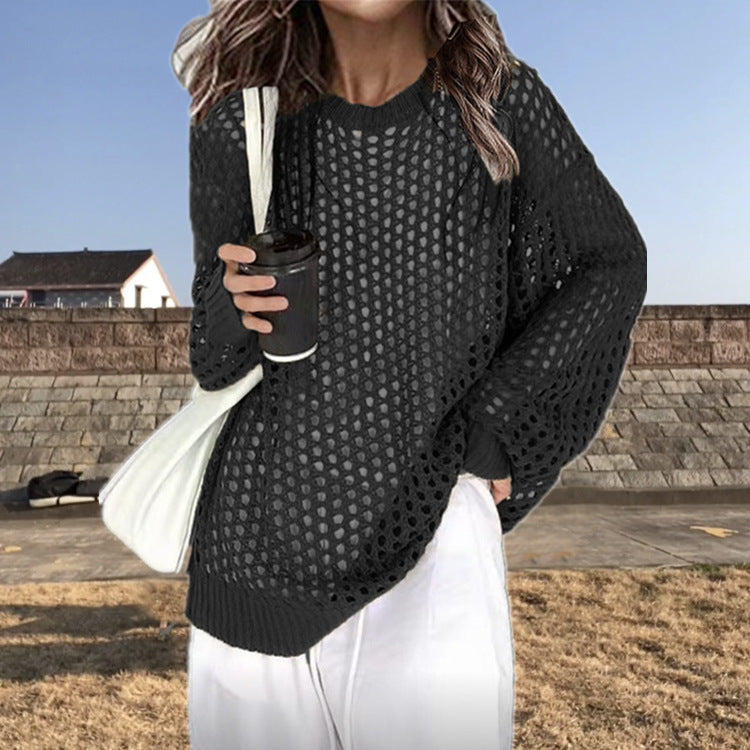 Damen luftiger Strickpullover mit modischer Netzstruktur R&B