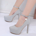 Damen Glitzernde Plateau-Pumps mit Feinem Riemchen und Elegantem Schmuckdetail R&B