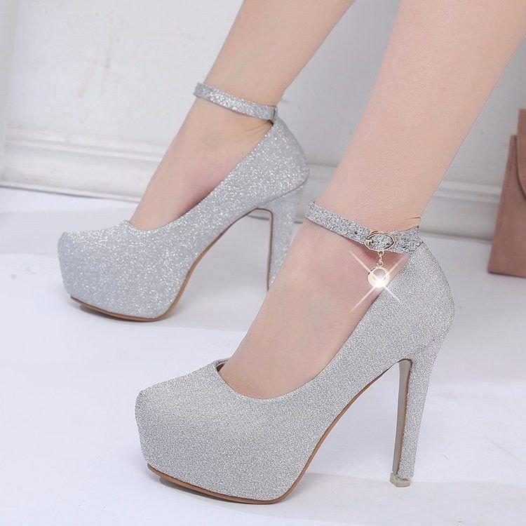 Damen Glitzernde Plateau-Pumps mit Feinem Riemchen und Elegantem Schmuckdetail R&B