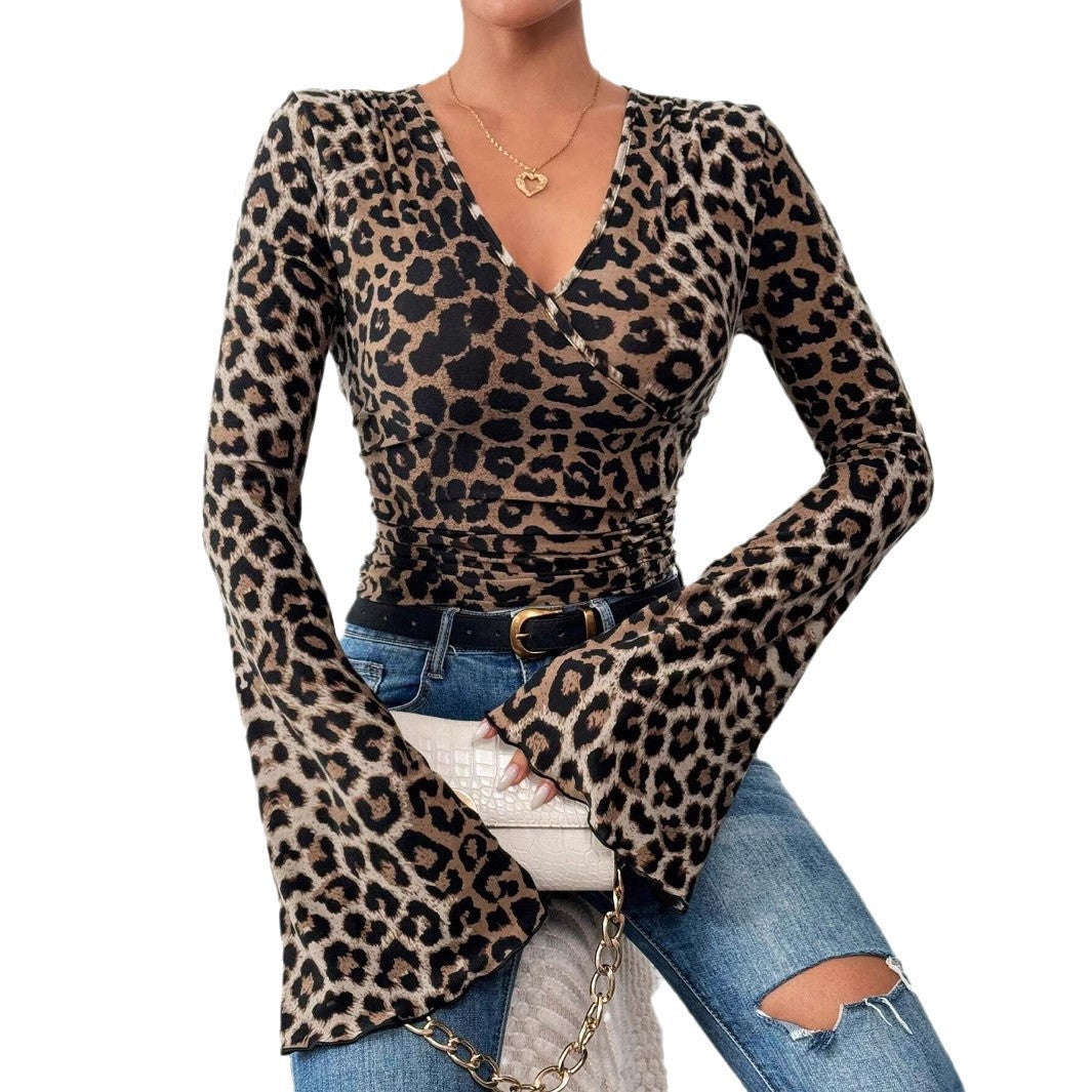 Damen Wickeloberteil mit ausgestellten Ärmeln und Leopardenmuster R&B