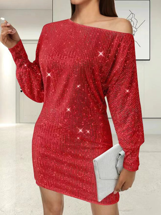 Damen Glamouröses Minikleid mit asymmetrischem Schulterdesign und Funkeleffekten R&B