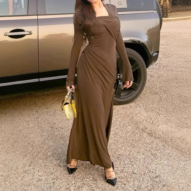 Damen Langarm-Maxikleid mit raffiniertem Wickeldesign und figurschmeichelndem Schnitt R&B