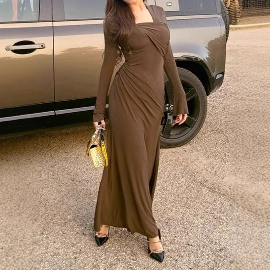 Damen Langarm-Maxikleid mit raffiniertem Wickeldesign und figurschmeichelndem Schnitt R&B