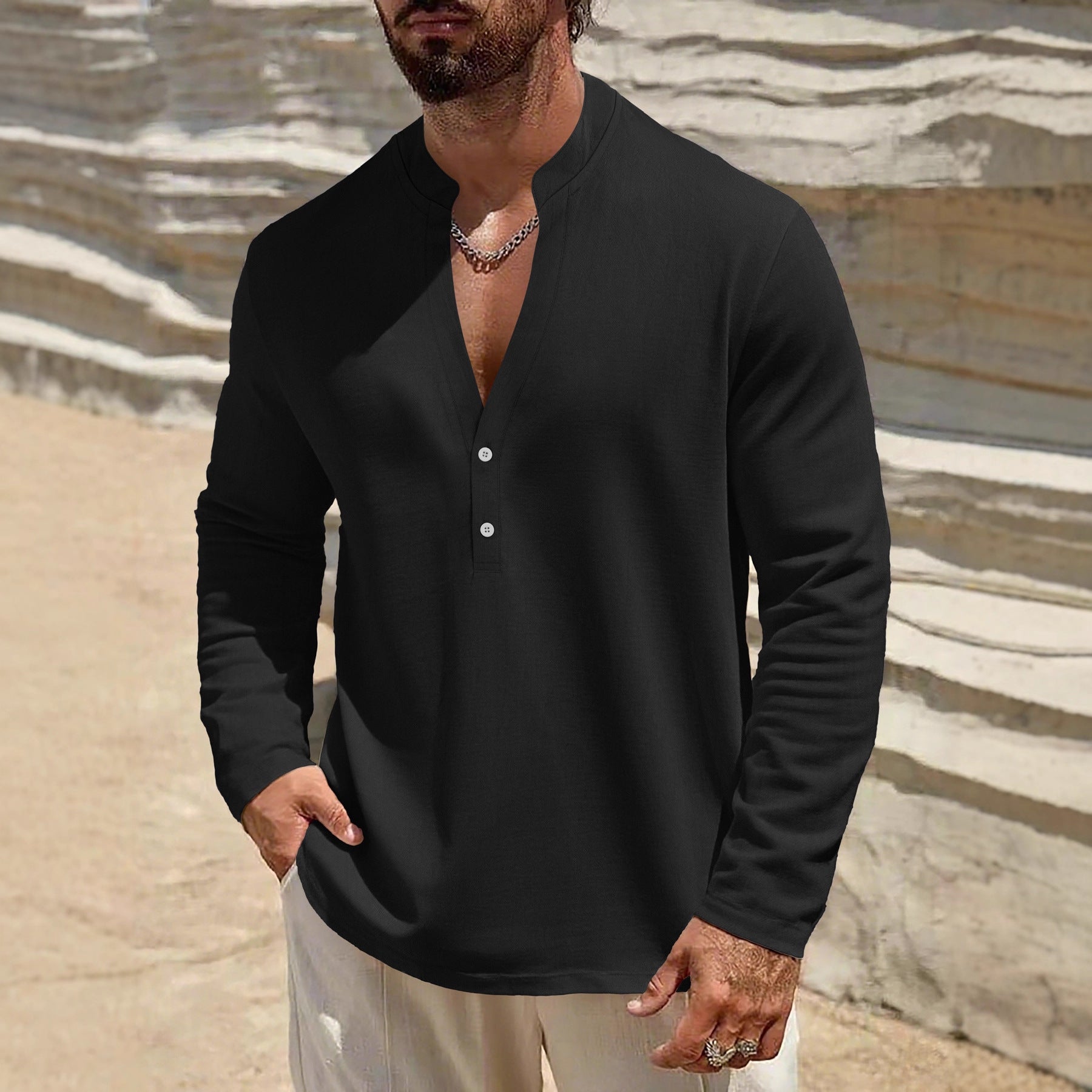 Herren komfortables Langarmhemd mit Stehkragen und Knopfdetails R&B