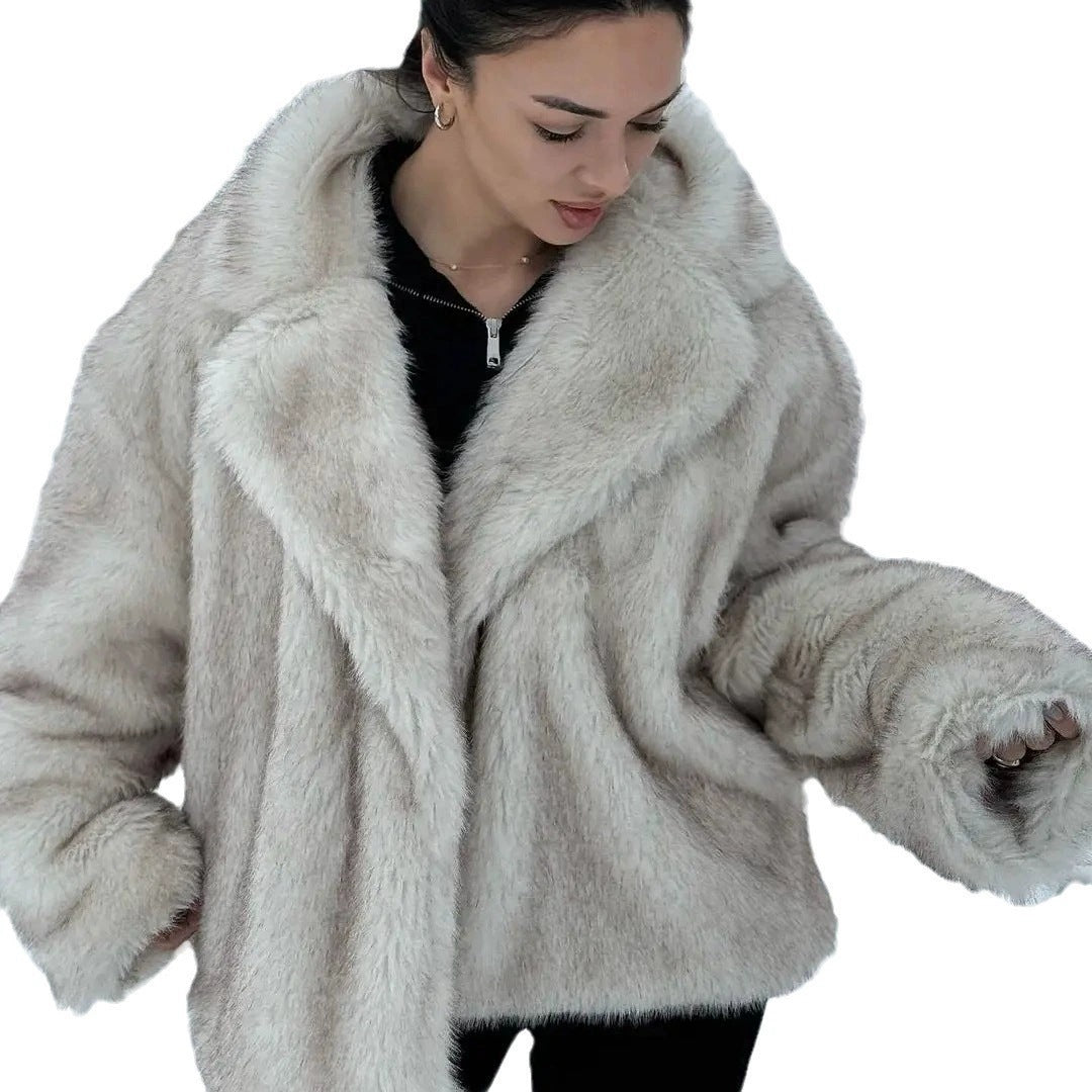 Damen Kuschelige Felljacke im Oversized-Stil mit breitem Revers R&B