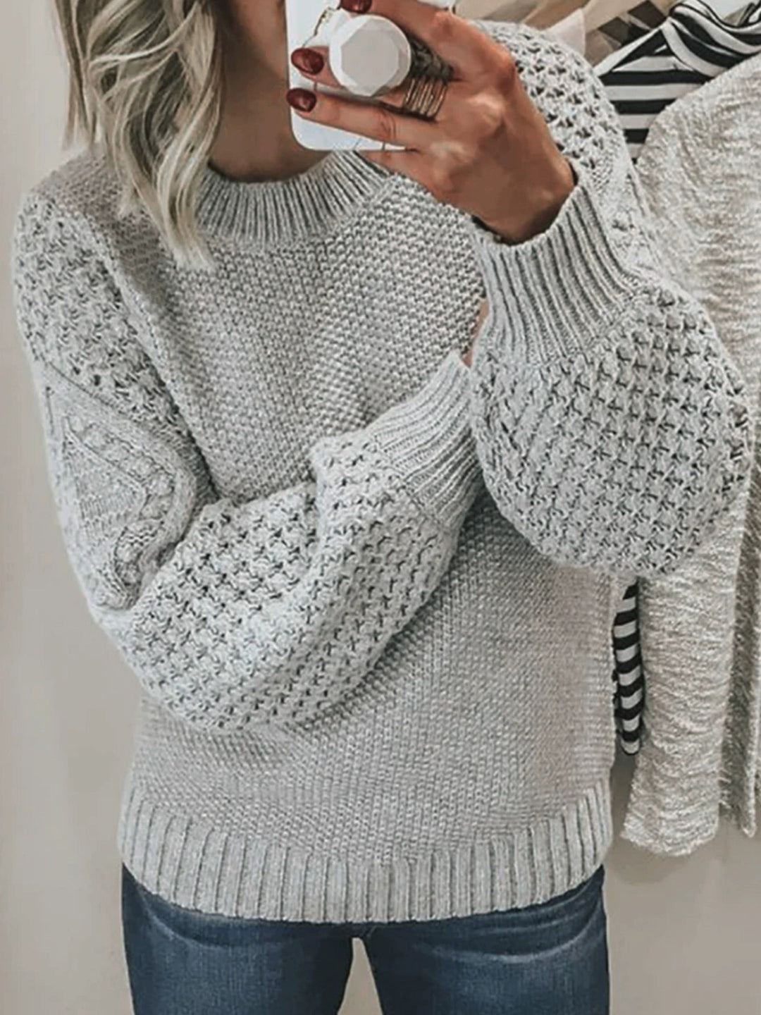 Damen Modischer Strickpullover mit strukturiertem Design und weiten Ärmeln R&B
