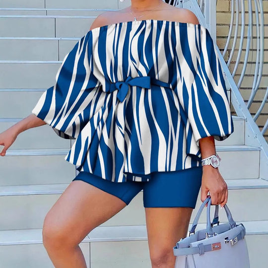 Damen Off-Shoulder Tunika mit weiten Ärmeln und elastischem Taillenband R&B