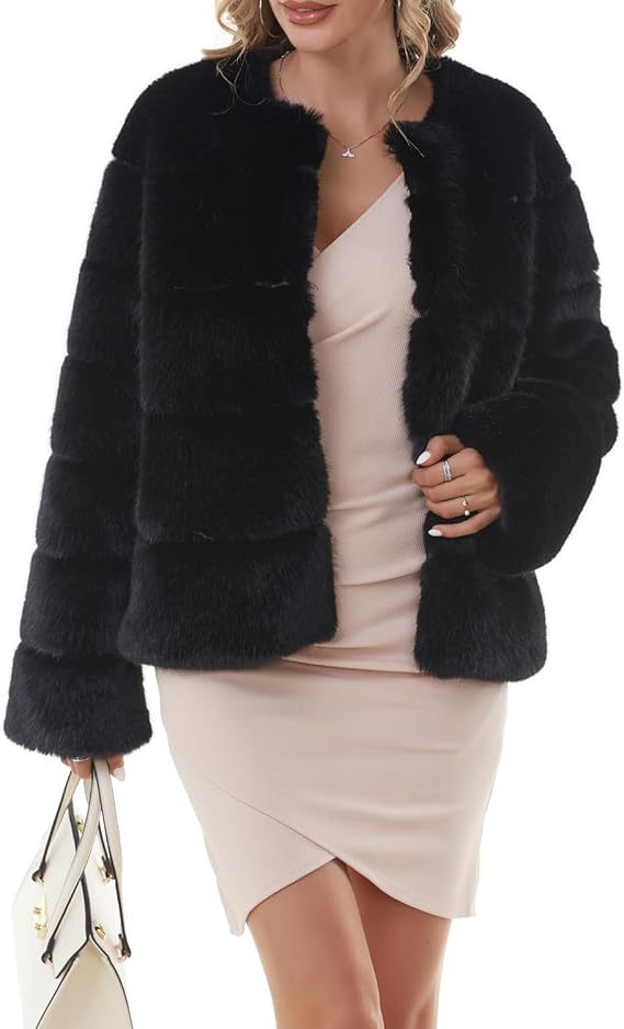 Damen Kuschelige Kunstpelzjacke mit modischem Puffärmel-Design R&B