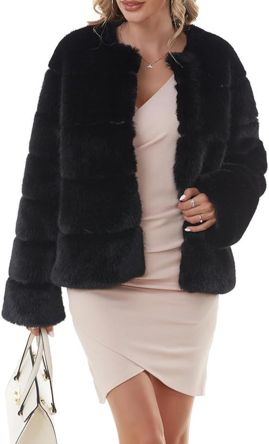 Damen Kuschelige Kunstpelzjacke mit modischem Puffärmel-Design R&B