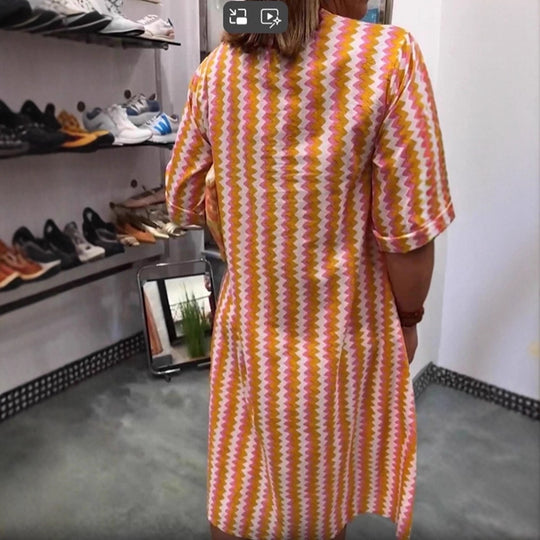 Damen nan Midikleid mit Unterbrustnaht, V-Ausschnitt, Knopfleiste und krempelbaren dreiviertelärmeln R&B