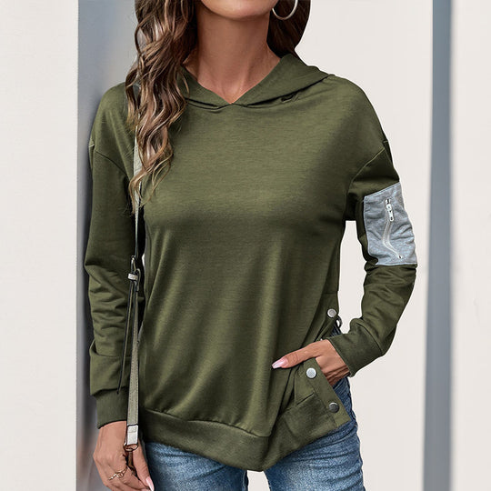 Damen lässiger Kapuzenpullover mit praktischen Reißverschlusstaschen und asymmetrischem Saum R&B