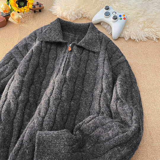 Damen Hochwertiger Strickpullover mit kurzem Reißverschluss und klassischem Kragen R&B