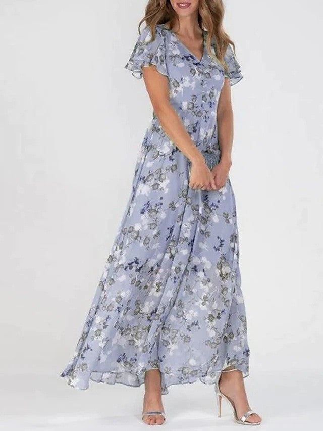 Damen Maxikleid mit floralem Chiffon-Stoff und transparenten Ärmeln R&B