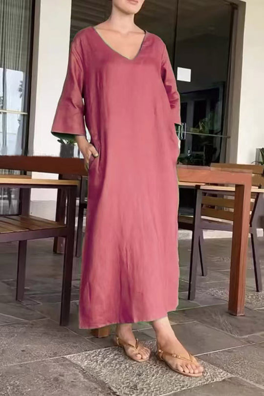 Damen luftiges Maxikleid aus atmungsaktiver Baumwolle mit V-Ausschnitt und praktischen Taschen R&B