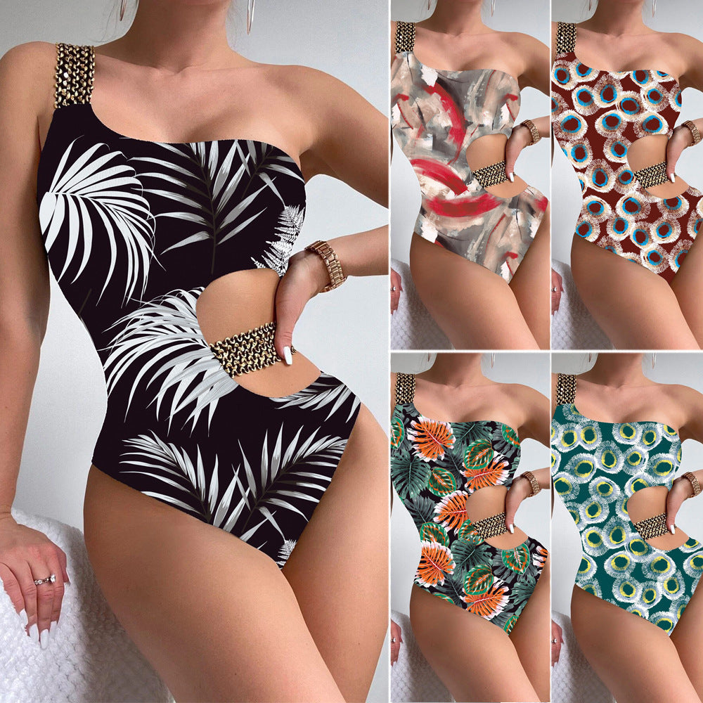 Damen Einteiliger Designer-Badeanzug mit asymmetrischem Schnitt und modischem Trägerriemen R&B