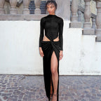 Damen Elegantes langärmliges Maxikleid mit raffiniertem Knotendesign und seitlichen Cut-Outs R&B
