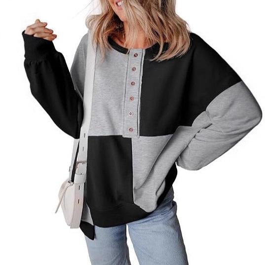 Damen lässiger Kapuzenpullover mit Knopfdetails und Farbblockdesign R&B