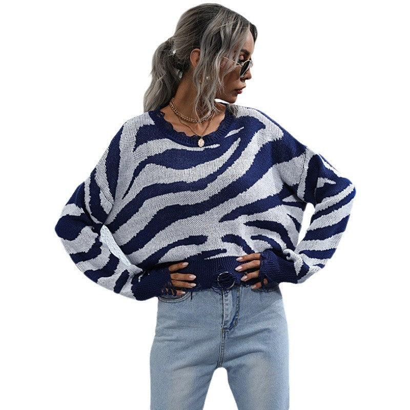 Damen Oversized Strickpullover mit modernem Zebra-Design und weitem Schnitt R&B
