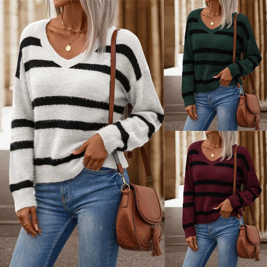 Damen V-Ausschnitt Pullover mit breiten Streifen und kuscheligem Material R&B