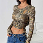 Damen Figurbetontes Langarmshirt mit Raffung und einzigartigem Camouflage-Design R&B