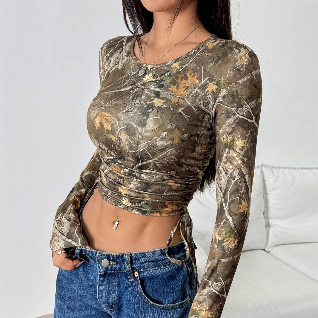 Damen Figurbetontes Langarmshirt mit Raffung und einzigartigem Camouflage-Design R&B
