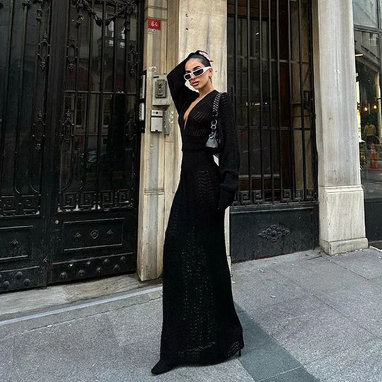 Damen elegantes gehäkeltes Maxikleid mit tiefem V-Ausschnitt R&B