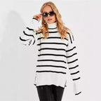 Damen gestrickter Rollkragenpullover mit modernem Streifenmuster und weitem Schnitt R&B