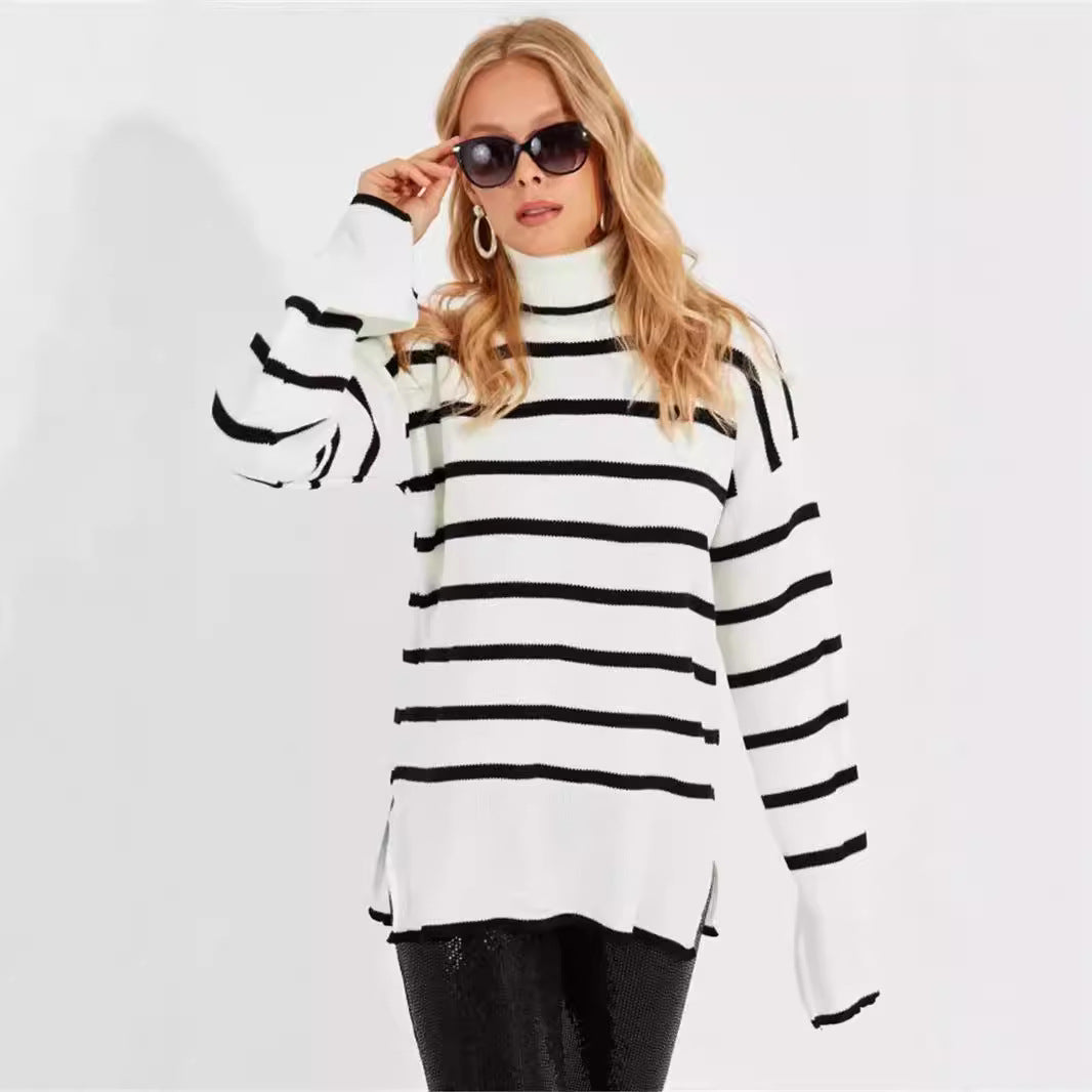 Damen gestrickter Rollkragenpullover mit modernem Streifenmuster und weitem Schnitt R&B
