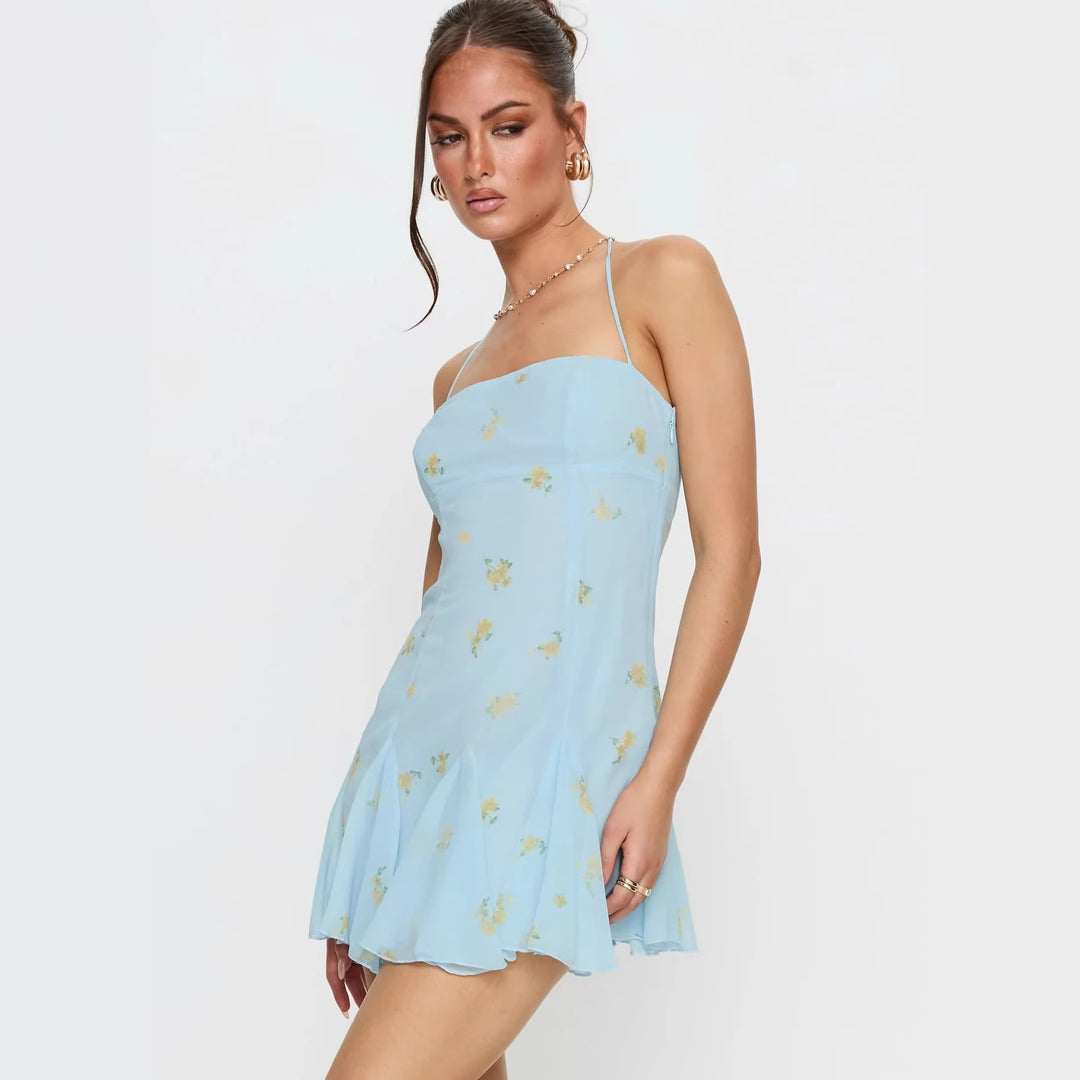Damen luftiges Spaghetti-Träger Sommerkleid mit floralem Print und schwingendem Rock R&B