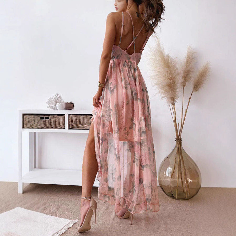 Damen nan romantisches Chiffon-Maxikleid mit doppelten Spaghettiträgern, Unterbrustraffung, mehrlagigem Volantrock und seitlichem Beinschlitz R&B
