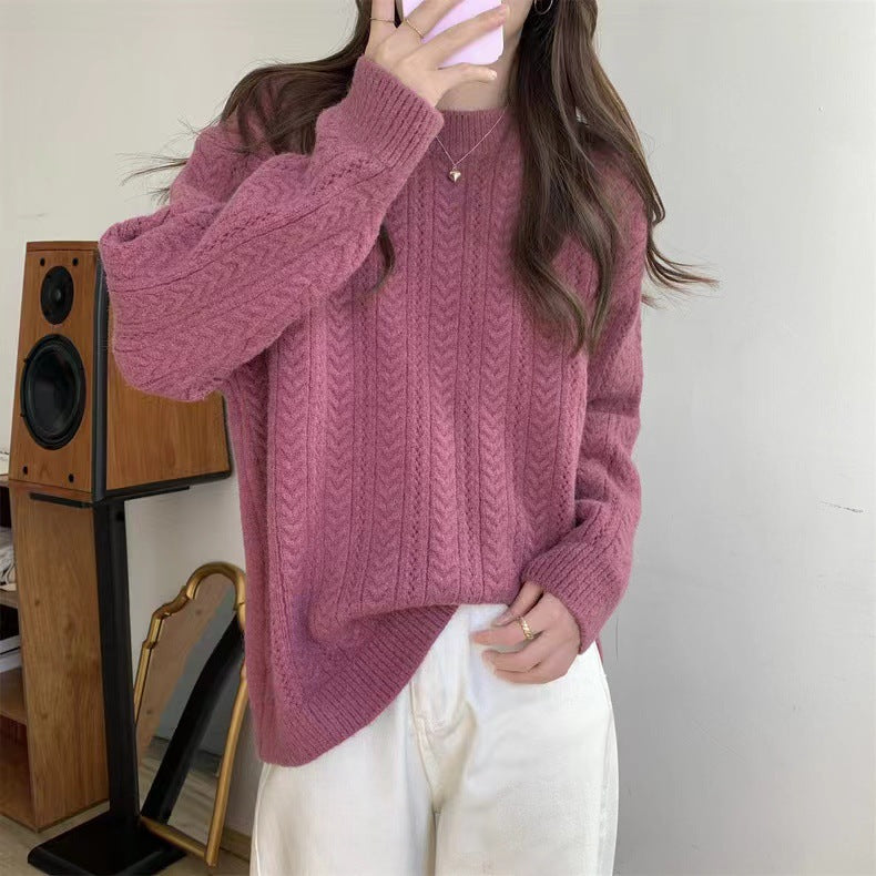 Damen Grobstrickpullover mit modernem Zopfmuster und hohem Rundhalsausschnitt R&B