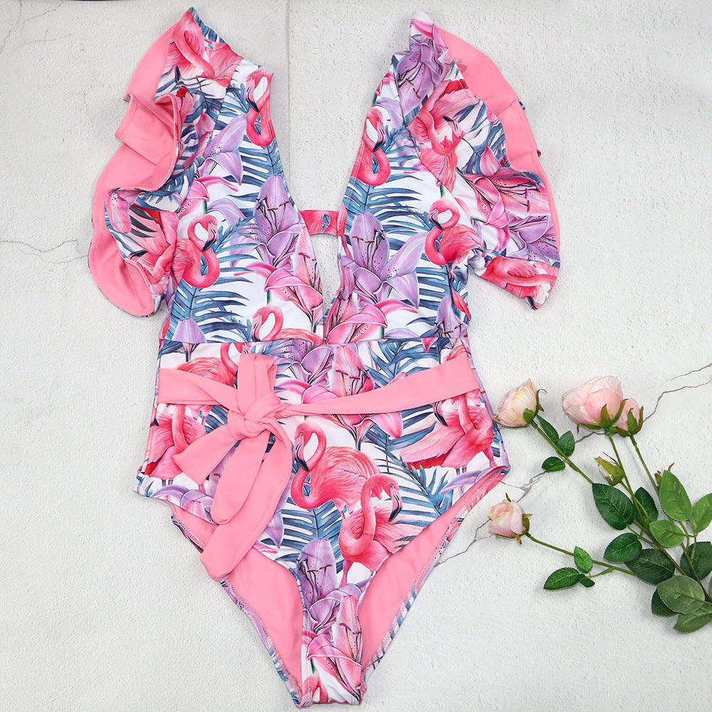 Damen Badeanzug mit floralem Design und frischem Wickelbund R&B