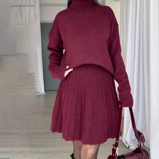 Damen Elegantes Strickensemble mit Rollkragen und fließendem Rock R&B