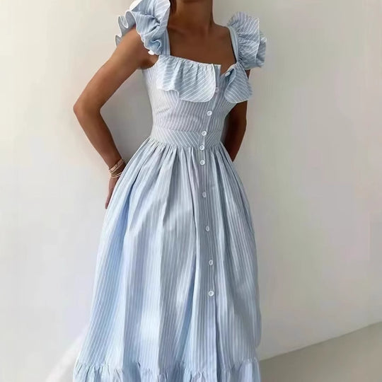 Damen Maxikleid mit voluminösem Rüschen-Design und Knopfverschluss R&B
