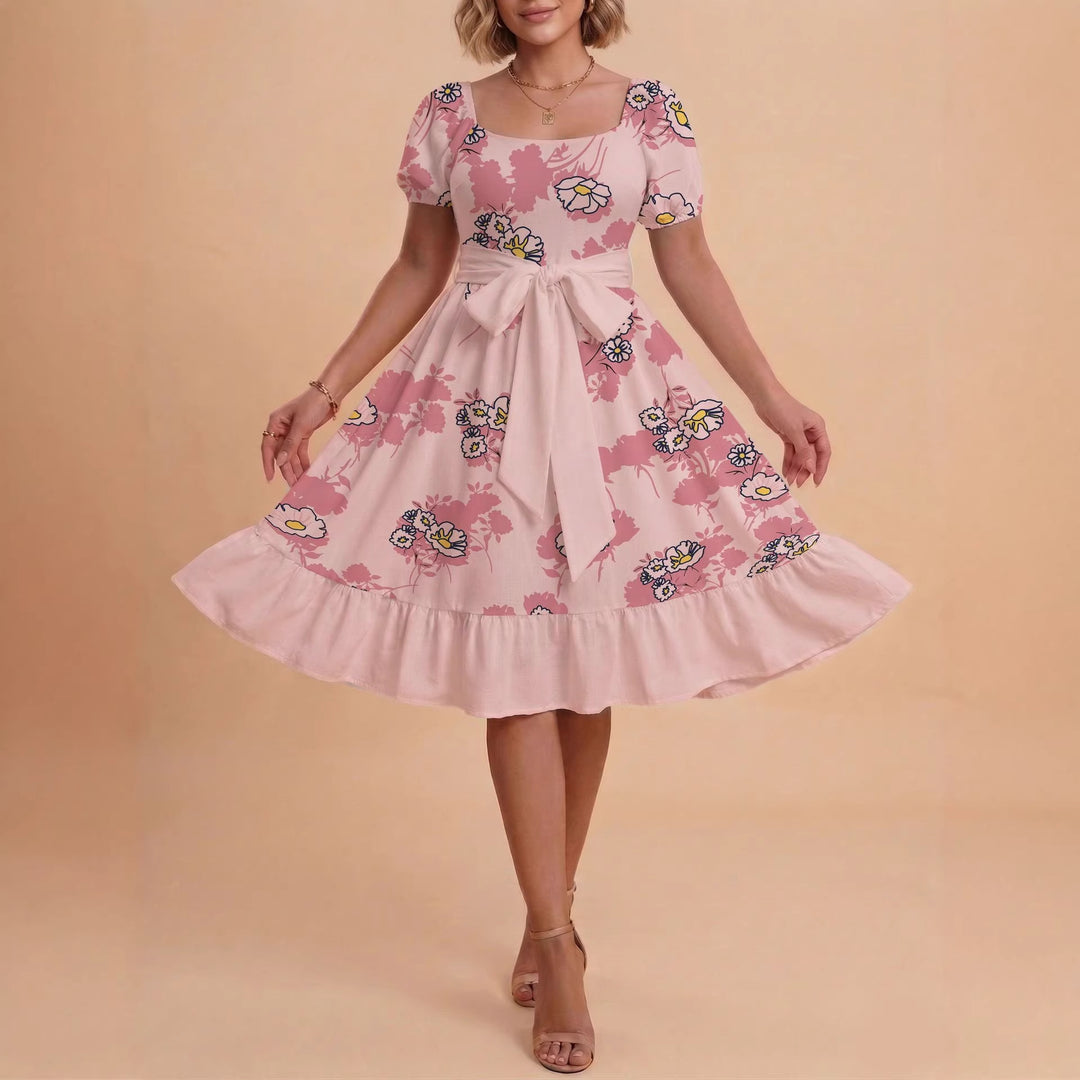 Damen Retro Maxikleid mit Puffärmeln und Taillengürtel R&B