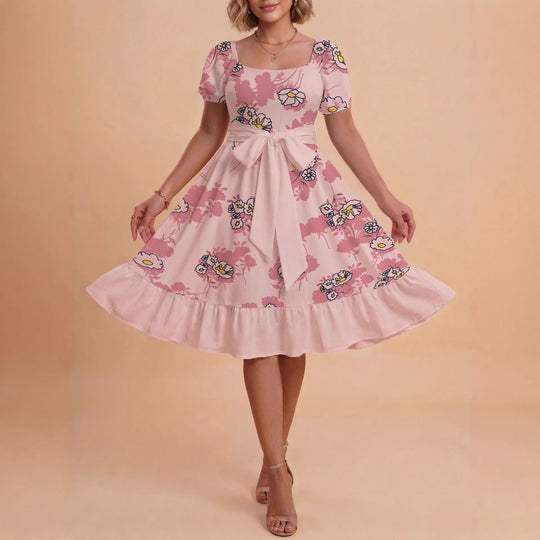 Damen Retro Maxikleid mit Puffärmeln und Taillengürtel R&B