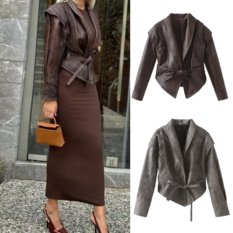 Damen Kunstlederblazer im modernem Design mit praktischem Gürtel R&B