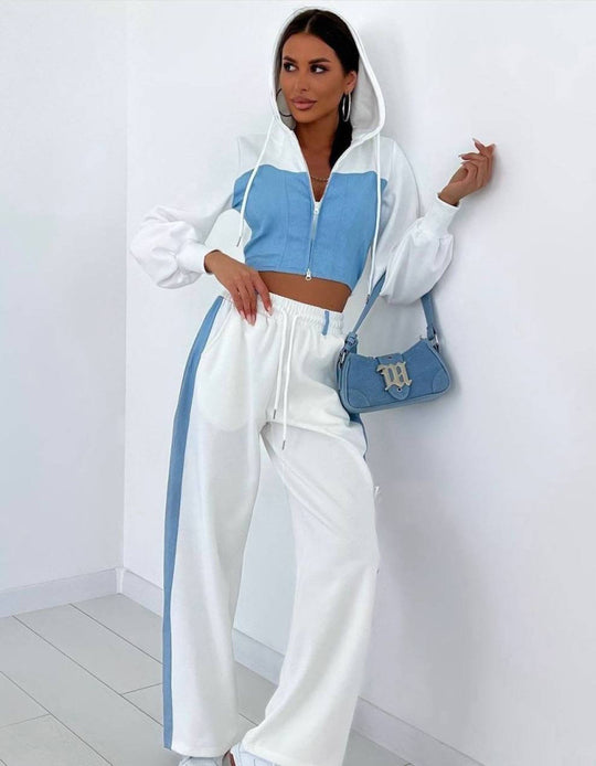 Damen sportliches Set mit cropped Kapuzenjacke und weitem Hosen R&B