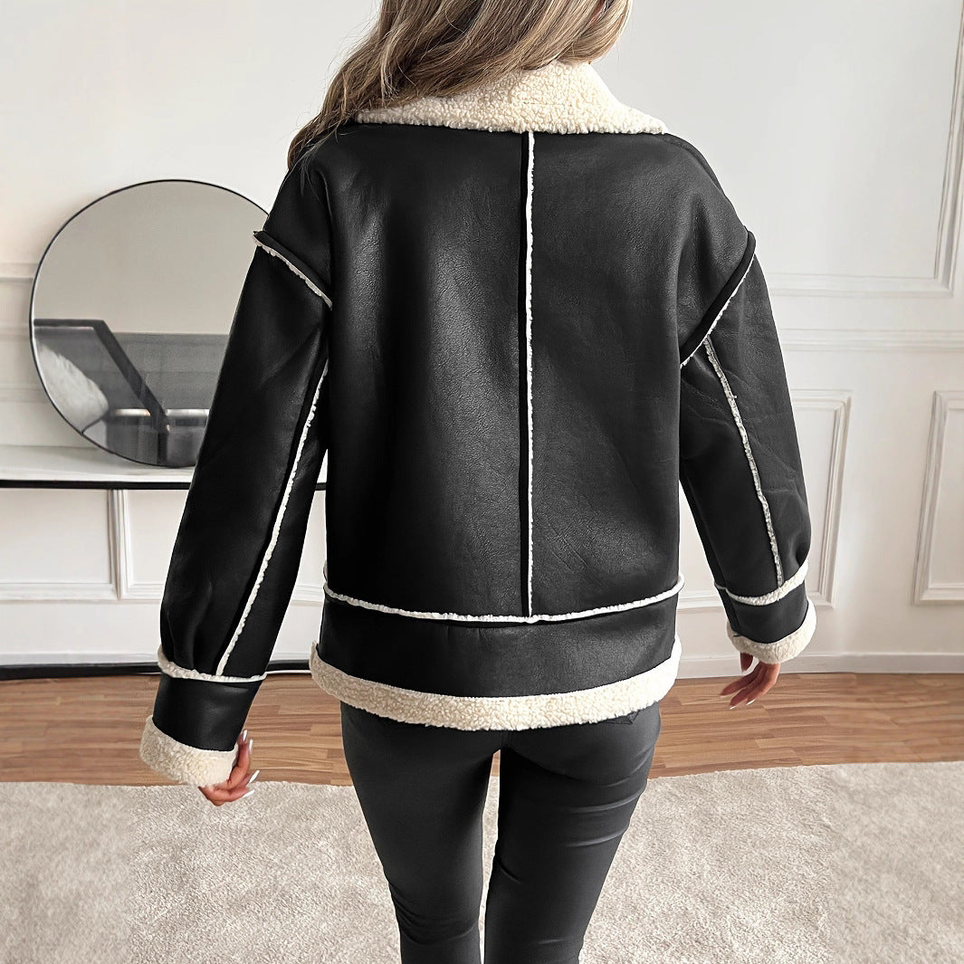 Damen stylische Kunstlederjacke mit Schaffellkragen R&B