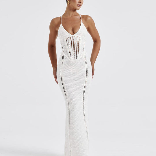 Damen Häkel-Maxikleid mit tiefem V-Ausschnitt und figurbetontem Schnitt R&B