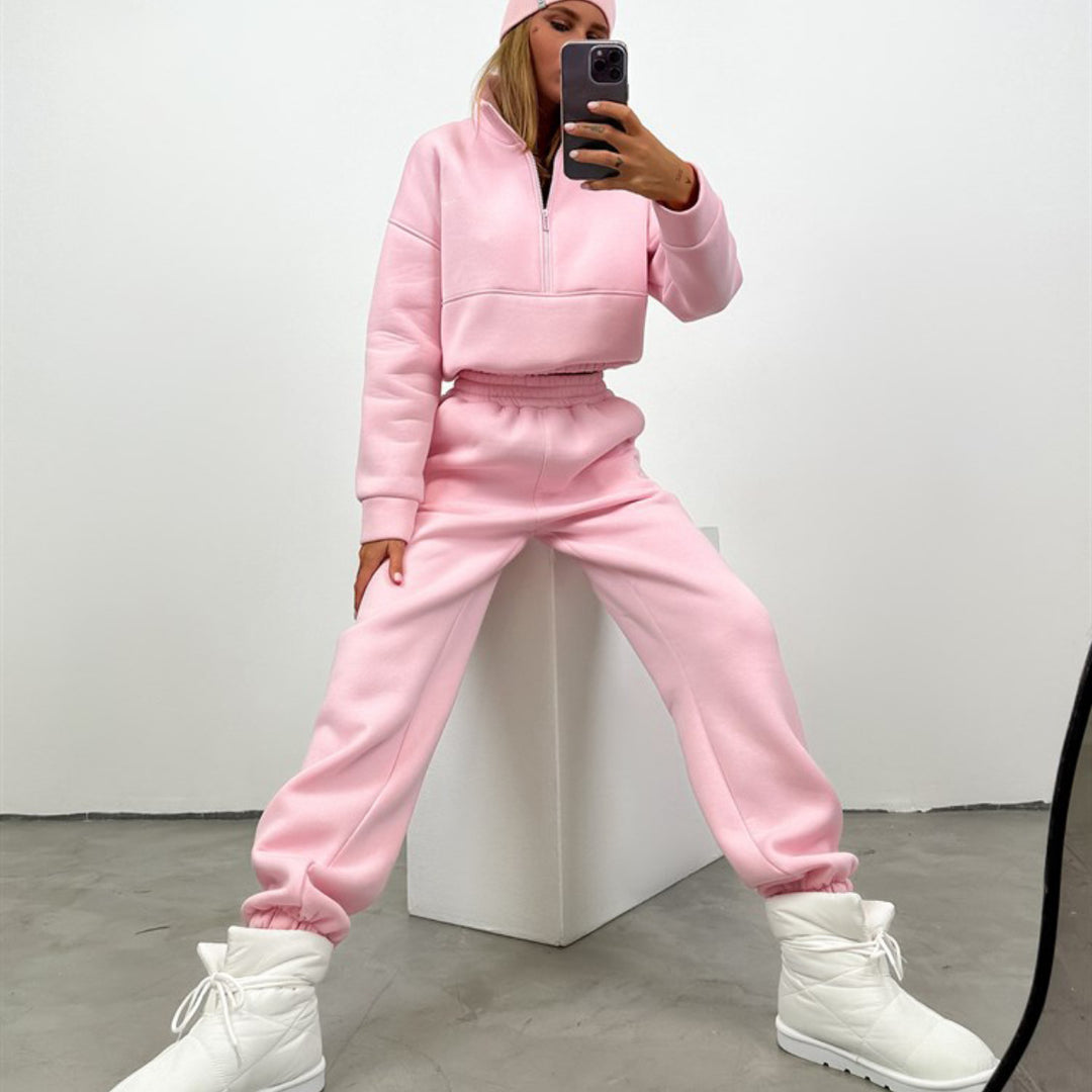 Damen sportliches Sweatshirt und Jogginghose-Set mit hoher Kragenoption und elastischem Bund R&B