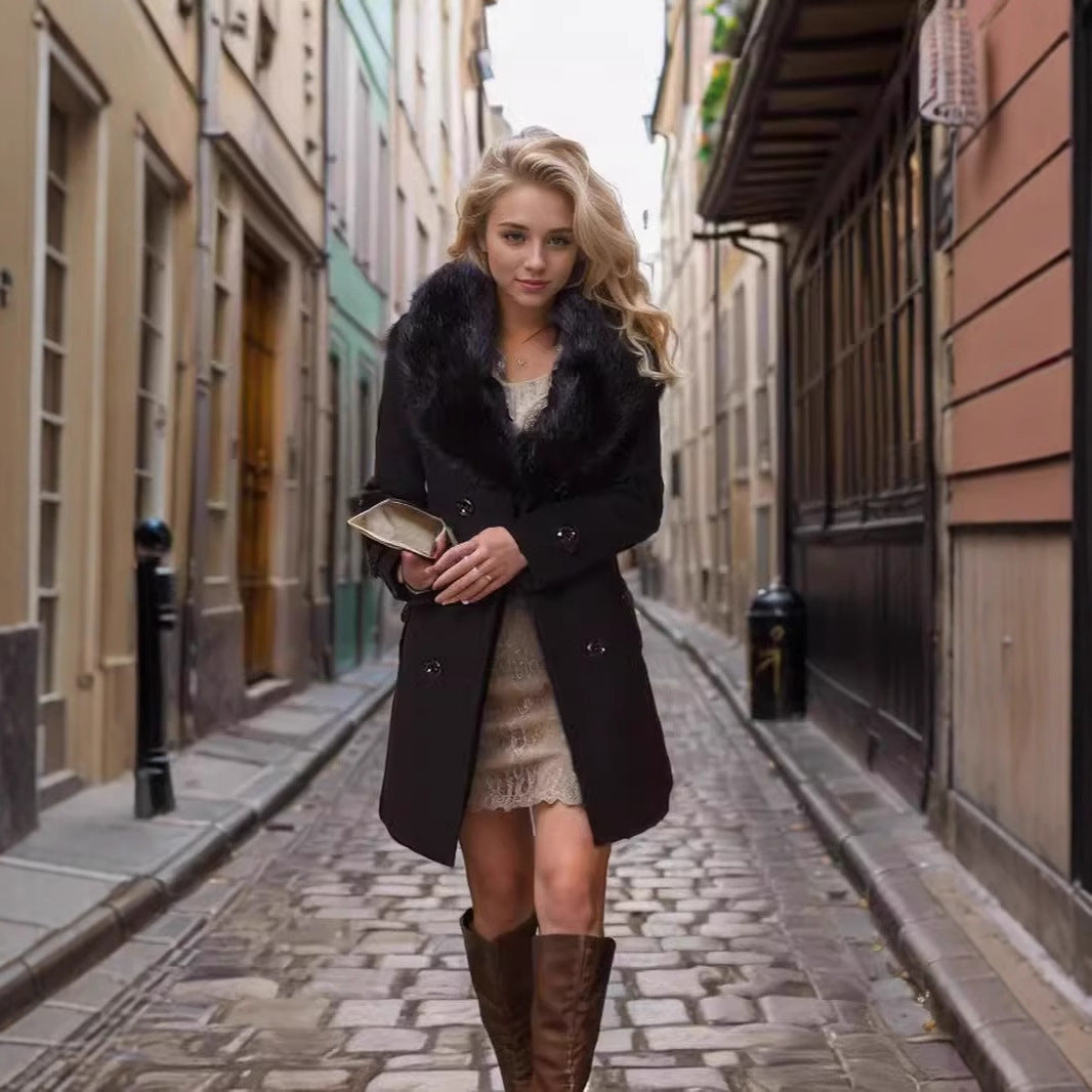 Damen Eleganter Trenchcoat mit abnehmbarem Fellkragen R&B