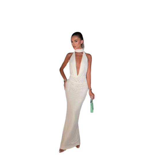 Damen Elegantes Maxikleid mit tiefem Wasserfall-Ausschnitt und schmalem Schnitt R&B