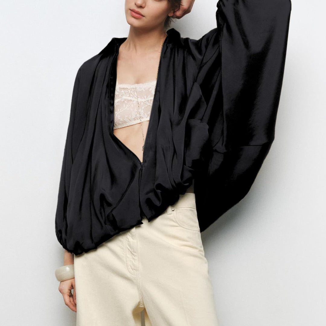 Damen Oversize Satinjacke mit Reißverschluss und elastischem Bündchen R&B
